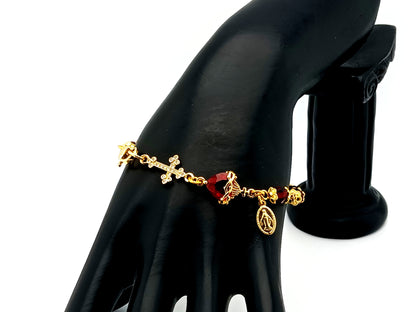 Sacred Heart of Jesus red crystal and gold single decade unique rosary bead bracelet with 18K cubic zirconia cross and Miraculous medal. 
