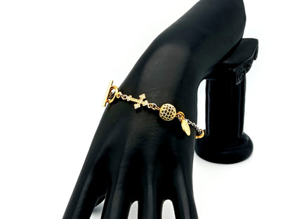 Miraculous Medal 18K gold plated stainless steel and cubic zirconia single decade rosary bead bracelet with small 18K gold cross.