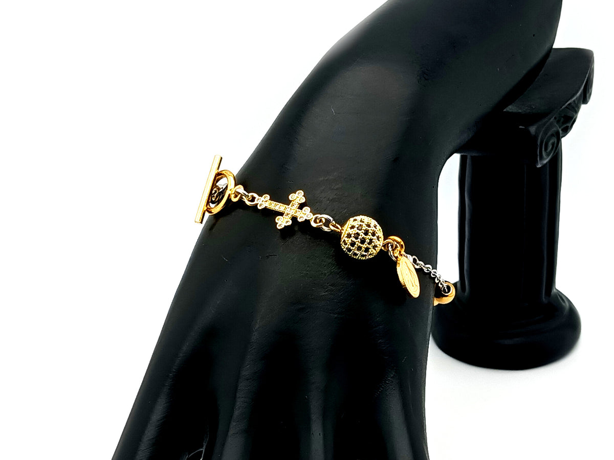 Miraculous Medal 18K gold plated stainless steel and cubic zirconia single decade rosary bead bracelet with small 18K gold cross.