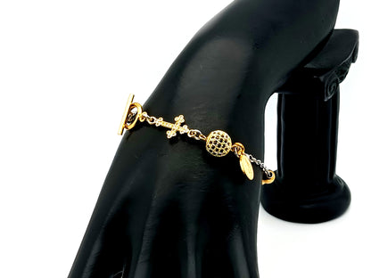 Miraculous Medal 18K gold plated stainless steel and cubic zirconia single decade rosary bead bracelet with small 18K gold cross.