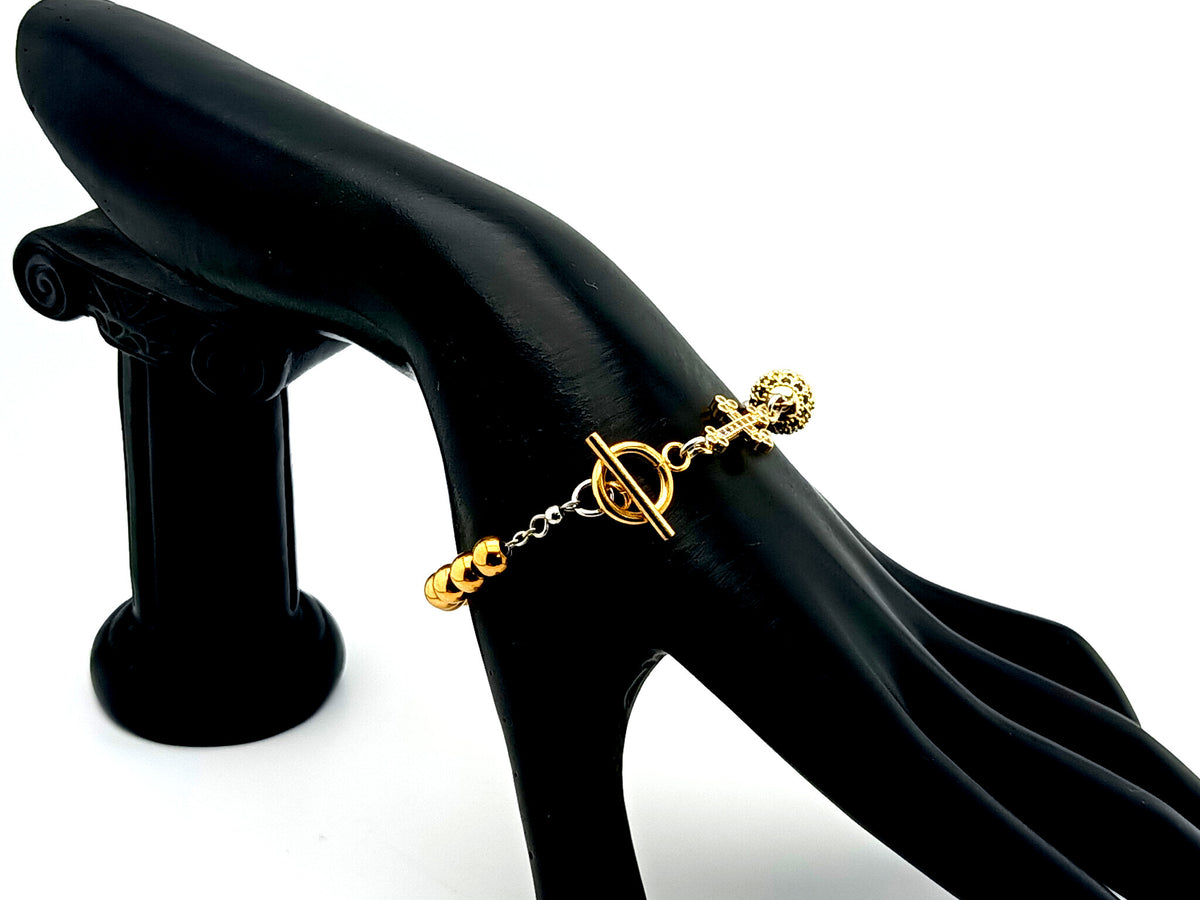 Miraculous Medal 18K gold plated stainless steel and cubic zirconia single decade rosary bead bracelet with small 18K gold cross.