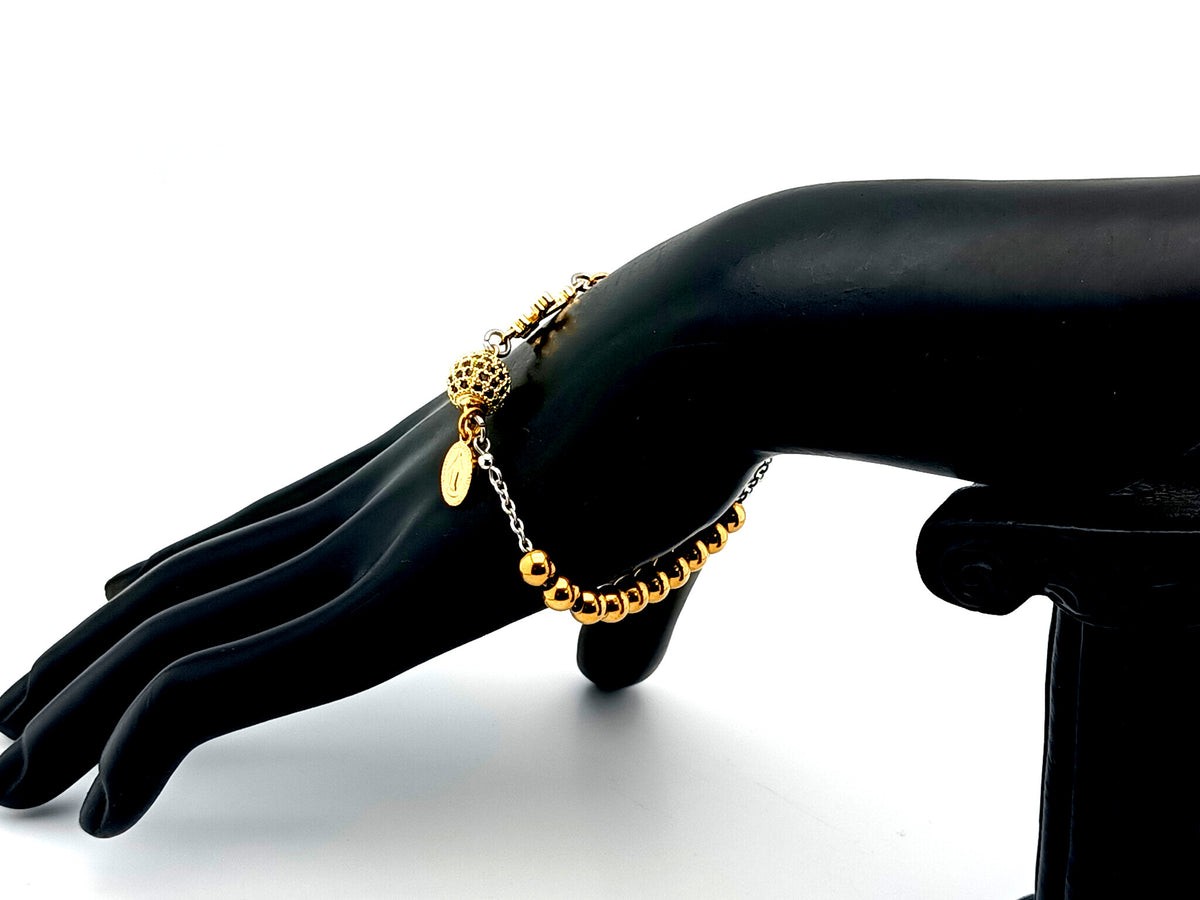 Miraculous Medal 18K gold plated stainless steel and cubic zirconia single decade rosary bead bracelet with small 18K gold cross.