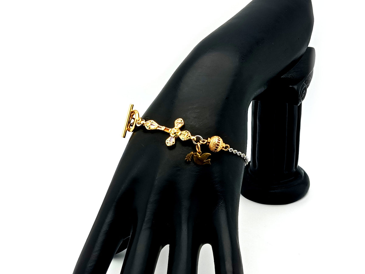 Holy Spirit gold plated stainless steel single decade rosary bead bracelet with 18K cubic zirconia cross. 