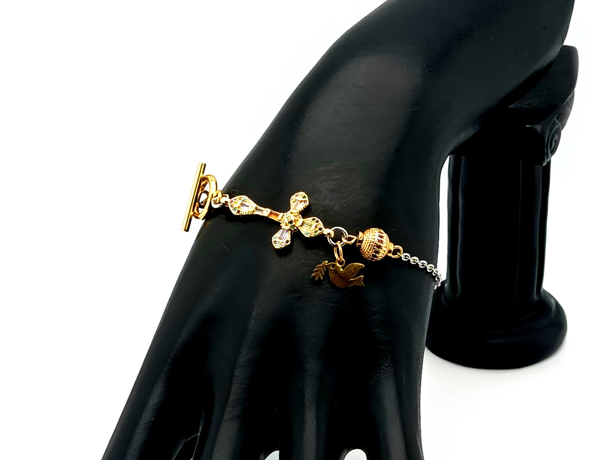 Holy Spirit gold plated stainless steel single decade rosary bead bracelet with 18K cubic zirconia cross. 