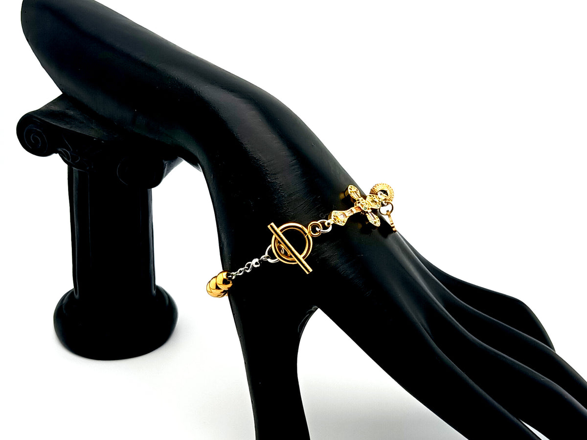 Holy Spirit gold plated stainless steel single decade rosary bead bracelet with 18K cubic zirconia cross. 