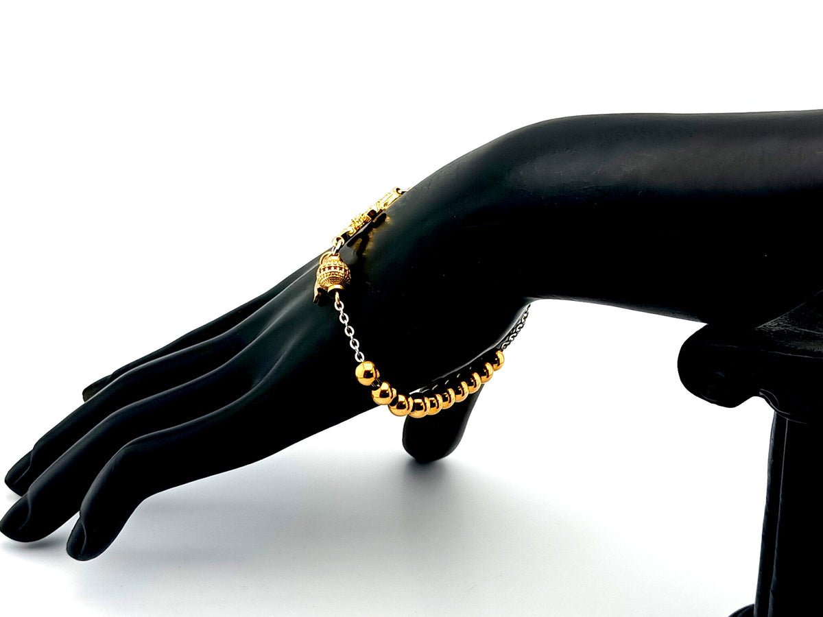 Holy Spirit gold plated stainless steel single decade rosary bead bracelet with 18K cubic zirconia cross. 