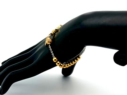 Holy Spirit gold plated stainless steel single decade rosary bead bracelet with 18K cubic zirconia cross. 