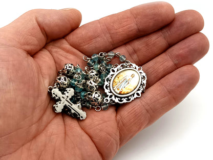Immaculate Conception topaz gemstone and silver unique rosary beads with stainless steel 3D cross.