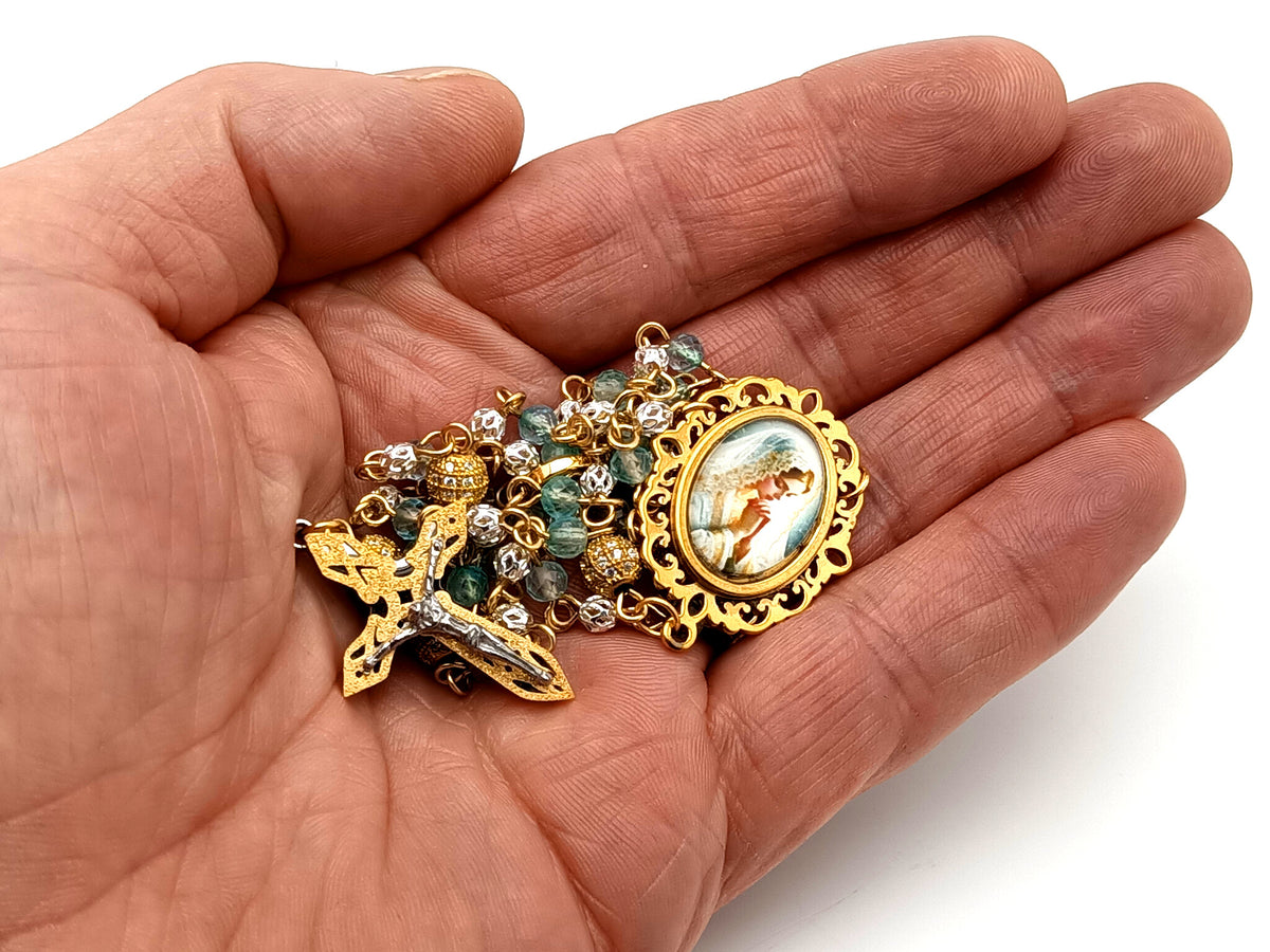 Virgin Mary topaz gemstone and 925 sterling silver unique rosary beads with mosaic 3D crucifix.