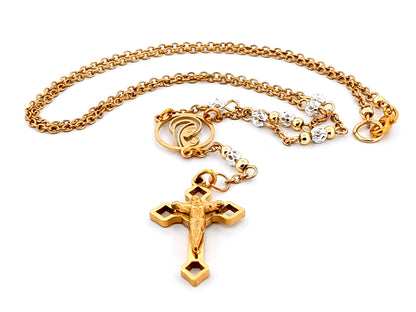 Praying Virgin Mary 925 sterling silver and 18K gold plated stainless steel necklace with small Saint Benedict crucifix.