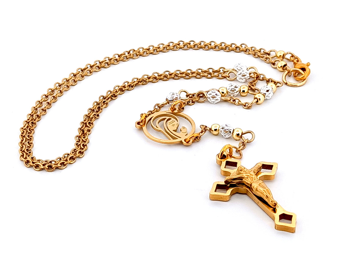 Praying Virgin Mary 925 sterling silver and 18K gold plated stainless steel necklace with small Saint Benedict crucifix.