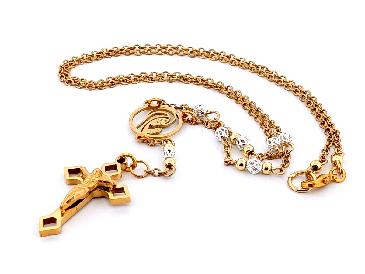 Praying Virgin Mary 925 sterling silver and 18K gold plated stainless steel necklace with small Saint Benedict crucifix.