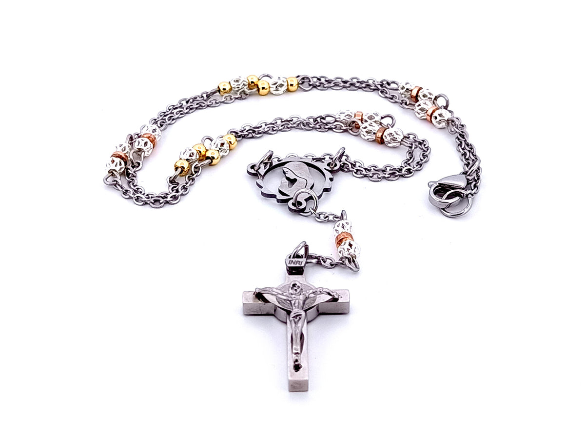Praying Virgin Mary 925 sterling silver stainless steel necklace with Saint Benedict crucifix