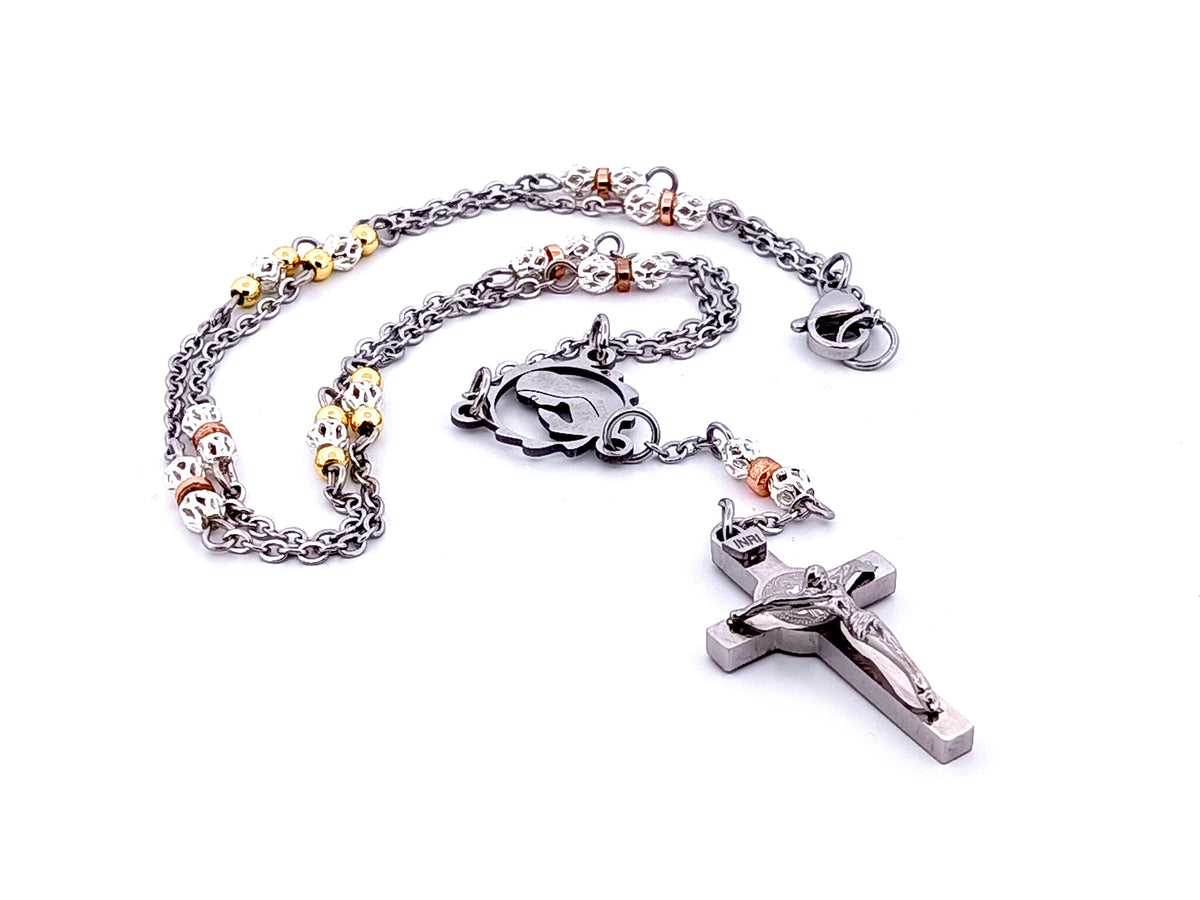 Praying Virgin Mary 925 sterling silver stainless steel necklace with Saint Benedict crucifix