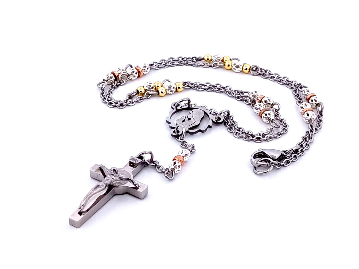 Praying Virgin Mary 925 sterling silver stainless steel necklace with Saint Benedict crucifix
