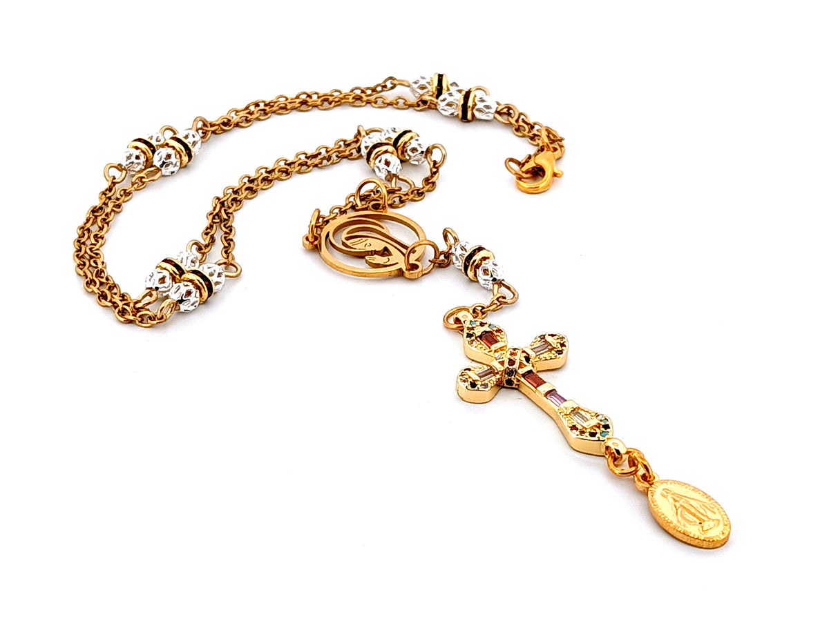 Praying Virgin Mary 925 sterling silver and 18K gold plated stainless steel necklace with small cubic zirconia cross.