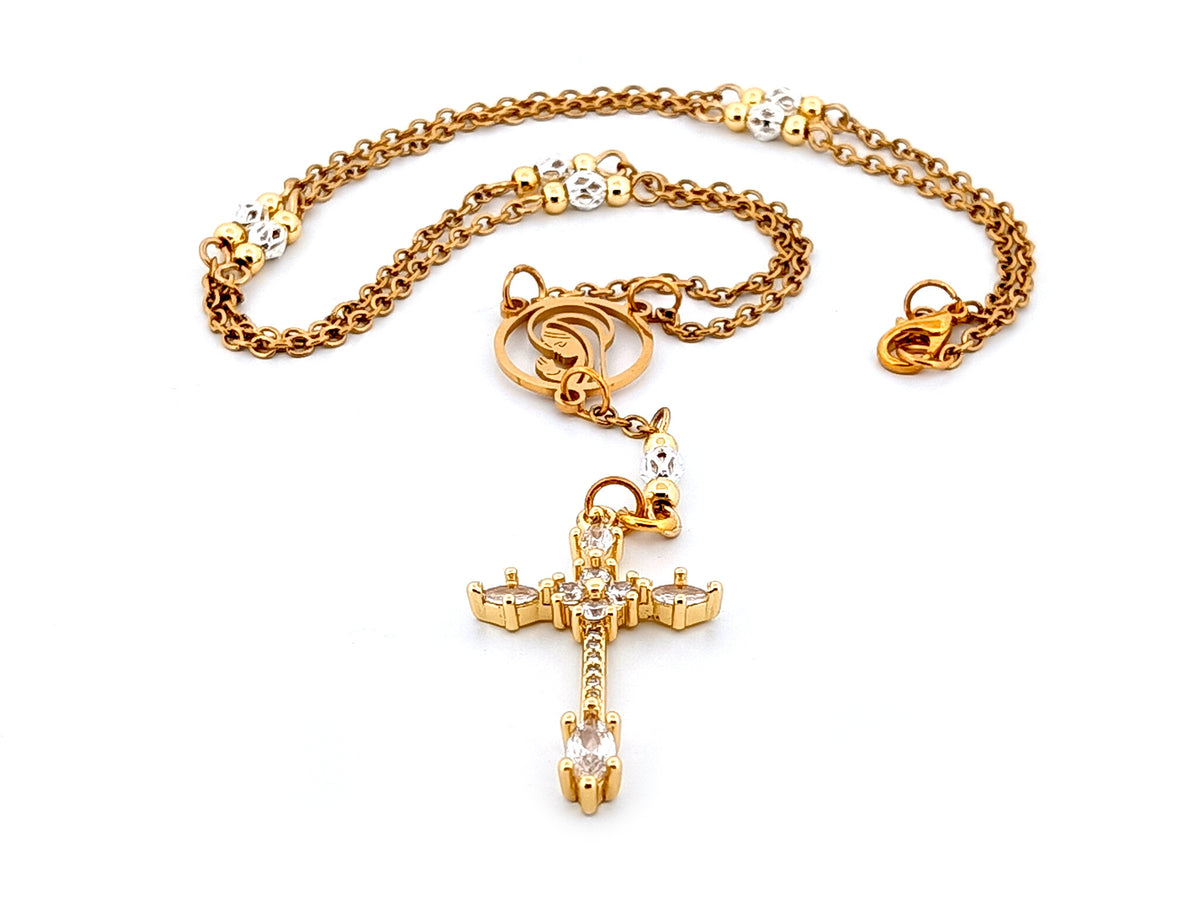 Praying Virgin Mary 925 sterling silver and 18K gold plated stainless steel necklace with small cubic zirconia crucifix.