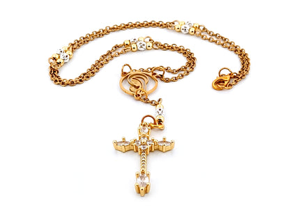 Praying Virgin Mary 925 sterling silver and 18K gold plated stainless steel necklace with small cubic zirconia crucifix.