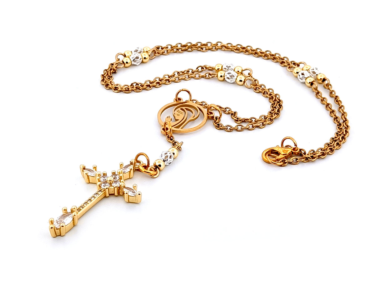 Praying Virgin Mary 925 sterling silver and 18K gold plated stainless steel necklace with small cubic zirconia crucifix.