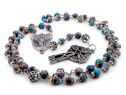 Saint Michael the archangel cyan dark marble gemstone and silver unique rosary beads with Celtic cross.