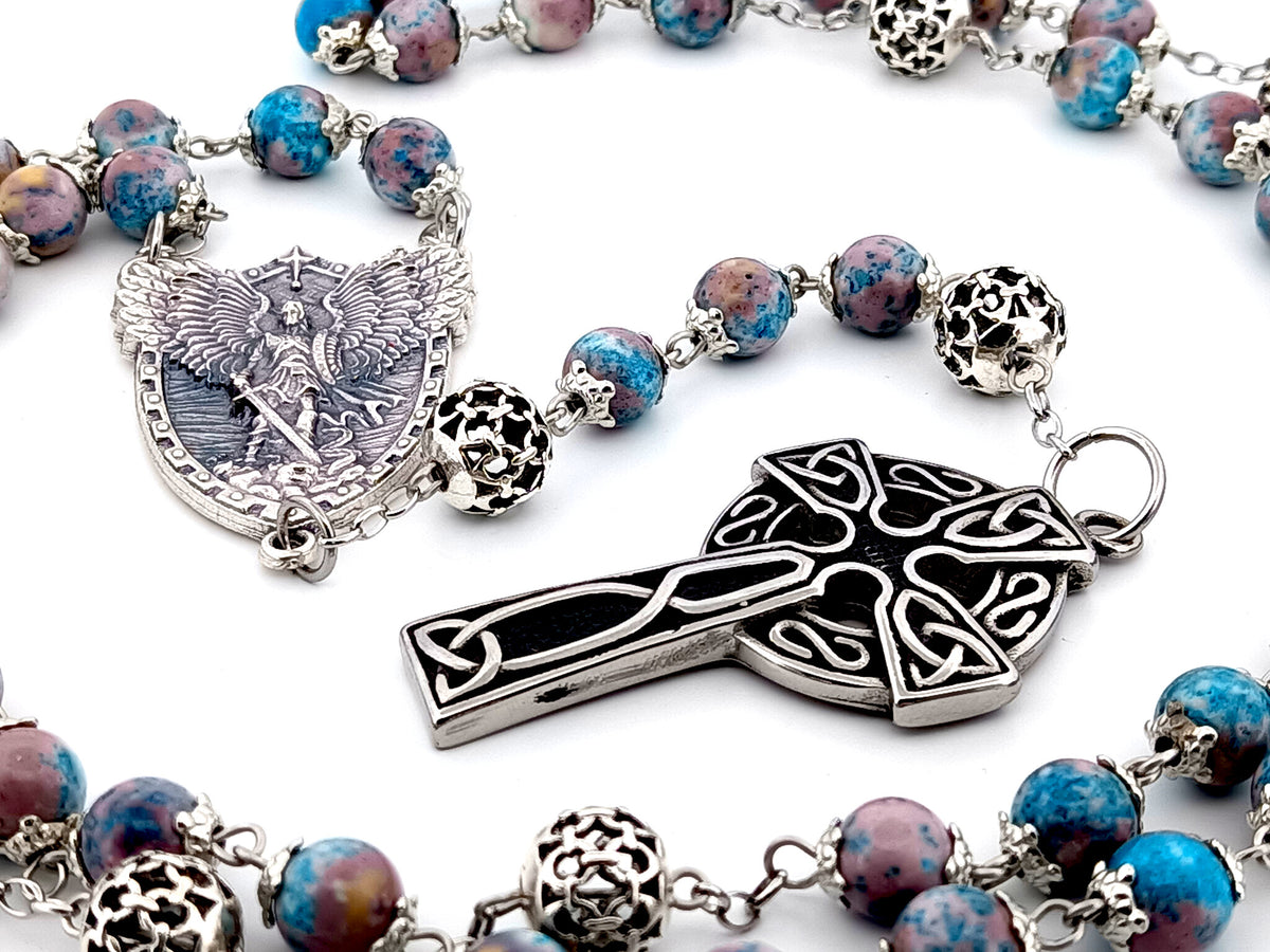 Saint Michael the archangel cyan dark marble gemstone and silver unique rosary beads with Celtic cross.