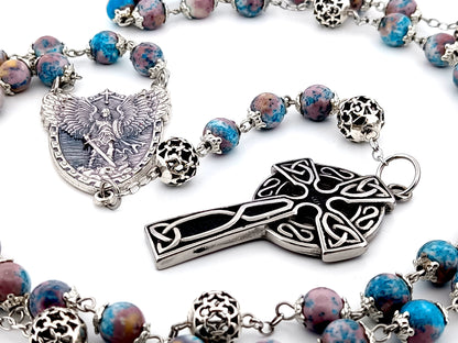 Saint Michael the archangel cyan dark marble gemstone and silver unique rosary beads with Celtic cross.