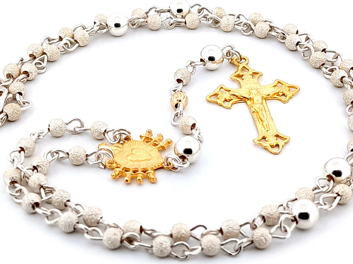 Our Lady of Sorrows 925 sterling silver and 24ct gold vermeil unique rosary beads necklace with filigree crucifix.
