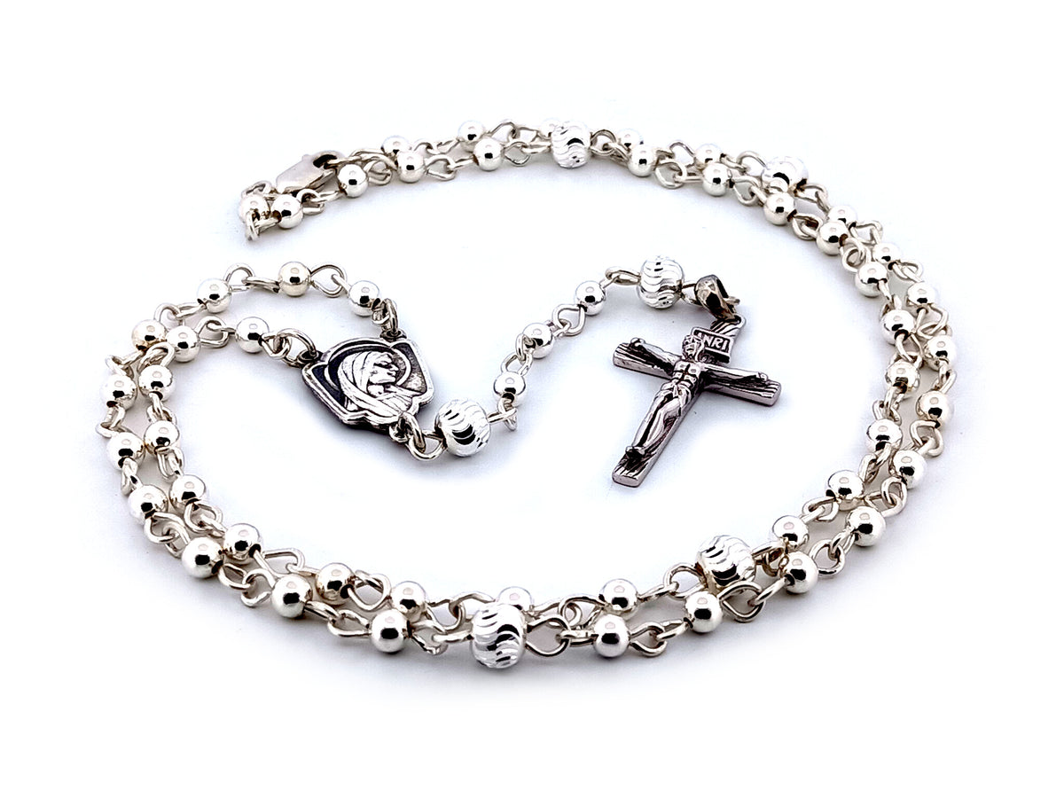 Saint Bernadette and Our lady of Lourdes 925 sterling silver unique rosary beads with bar style crucifix.