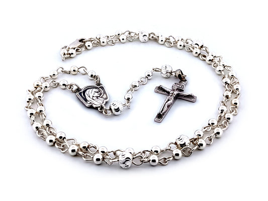 Saint Bernadette and Our lady of Lourdes 925 sterling silver unique rosary beads with bar style crucifix.