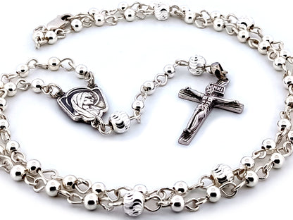 Saint Bernadette and Our lady of Lourdes 925 sterling silver unique rosary beads with bar style crucifix.