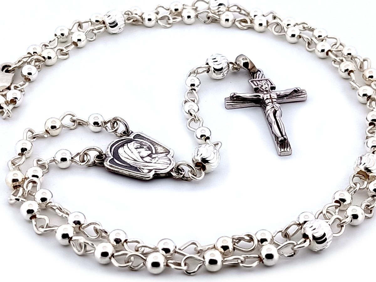 Saint Bernadette and Our lady of Lourdes 925 sterling silver unique rosary beads with bar style crucifix.