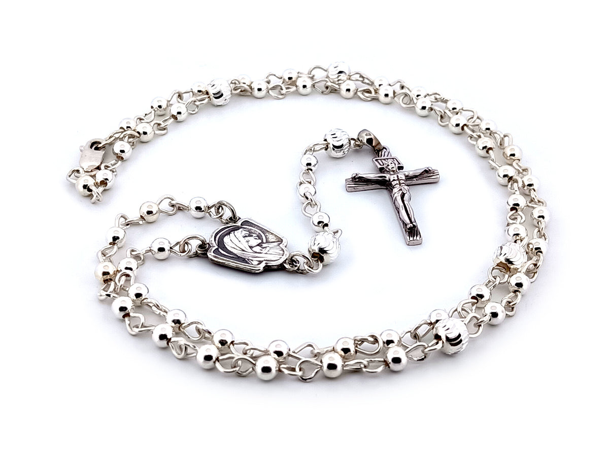 Saint Bernadette and Our lady of Lourdes 925 sterling silver unique rosary beads with bar style crucifix.