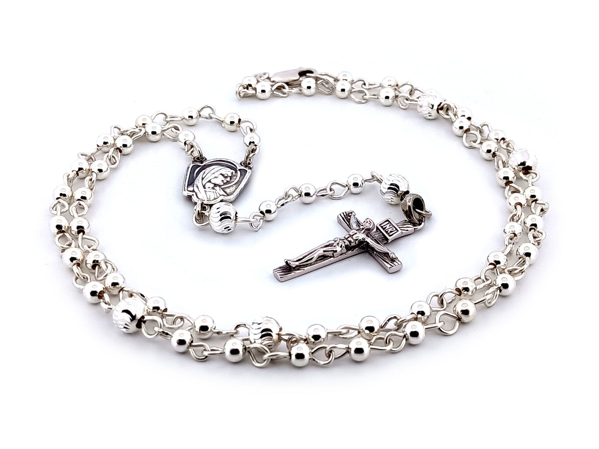 Saint Bernadette and Our lady of Lourdes 925 sterling silver unique rosary beads with bar style crucifix.