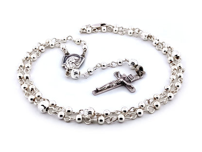 Saint Bernadette and Our lady of Lourdes 925 sterling silver unique rosary beads with bar style crucifix.