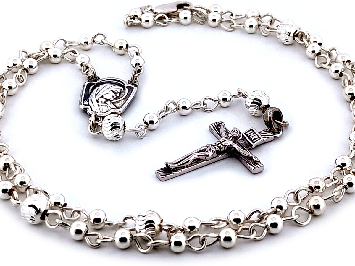 Saint Bernadette and Our lady of Lourdes 925 sterling silver unique rosary beads with bar style crucifix.