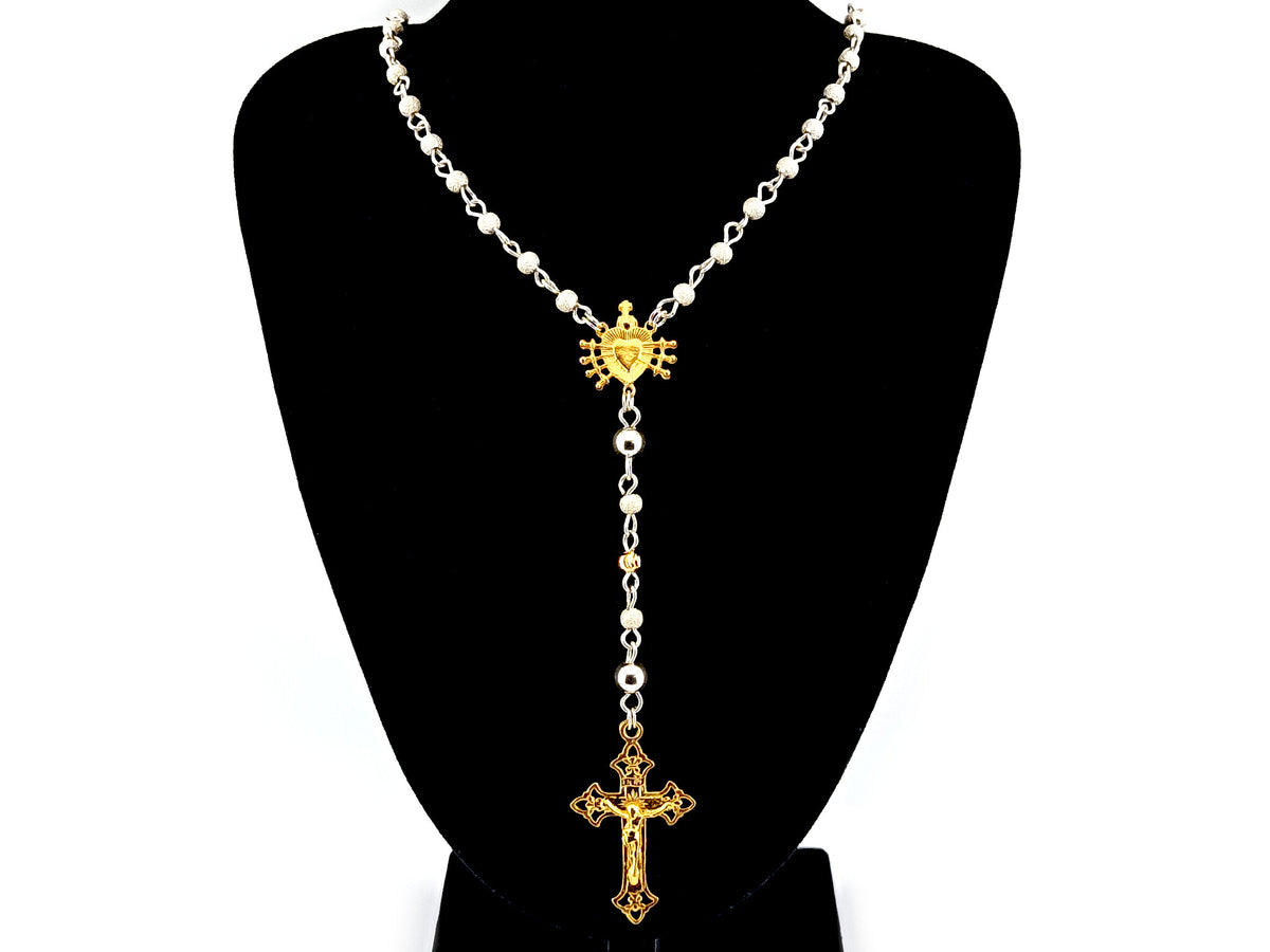 Our Lady of Sorrows 925 sterling silver and 24ct gold vermeil unique rosary beads necklace with filigree crucifix.