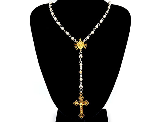 Our Lady of Sorrows 925 sterling silver and 24ct gold vermeil unique rosary beads necklace with filigree crucifix.
