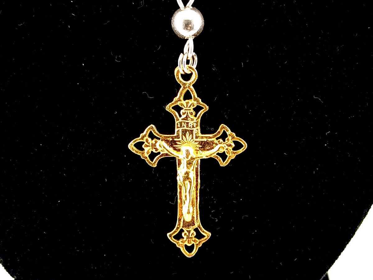 Our Lady of Sorrows 925 sterling silver and 24ct gold vermeil unique rosary beads necklace with filigree crucifix.