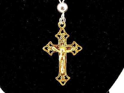 Our Lady of Sorrows 925 sterling silver and 24ct gold vermeil unique rosary beads necklace with filigree crucifix.