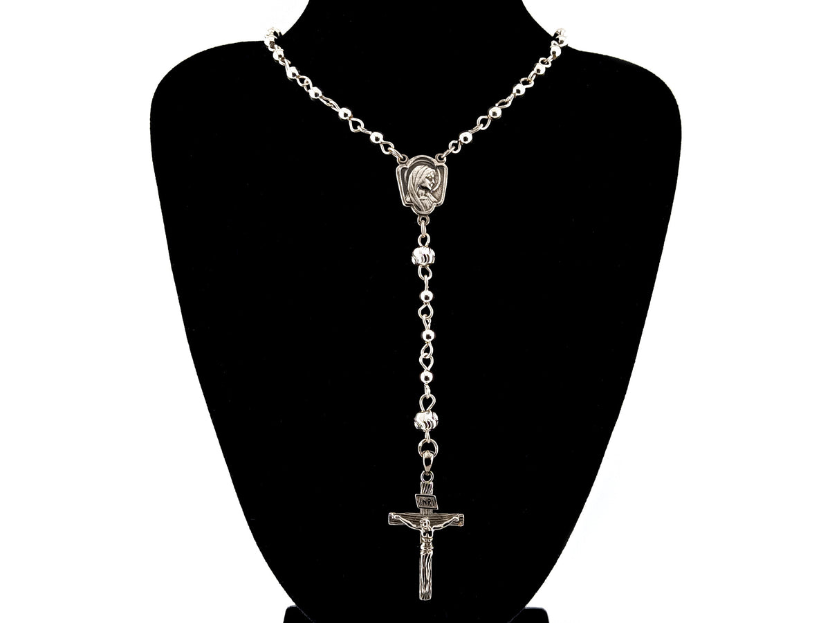 Saint Bernadette and Our lady of Lourdes 925 sterling silver unique rosary beads with bar style crucifix.