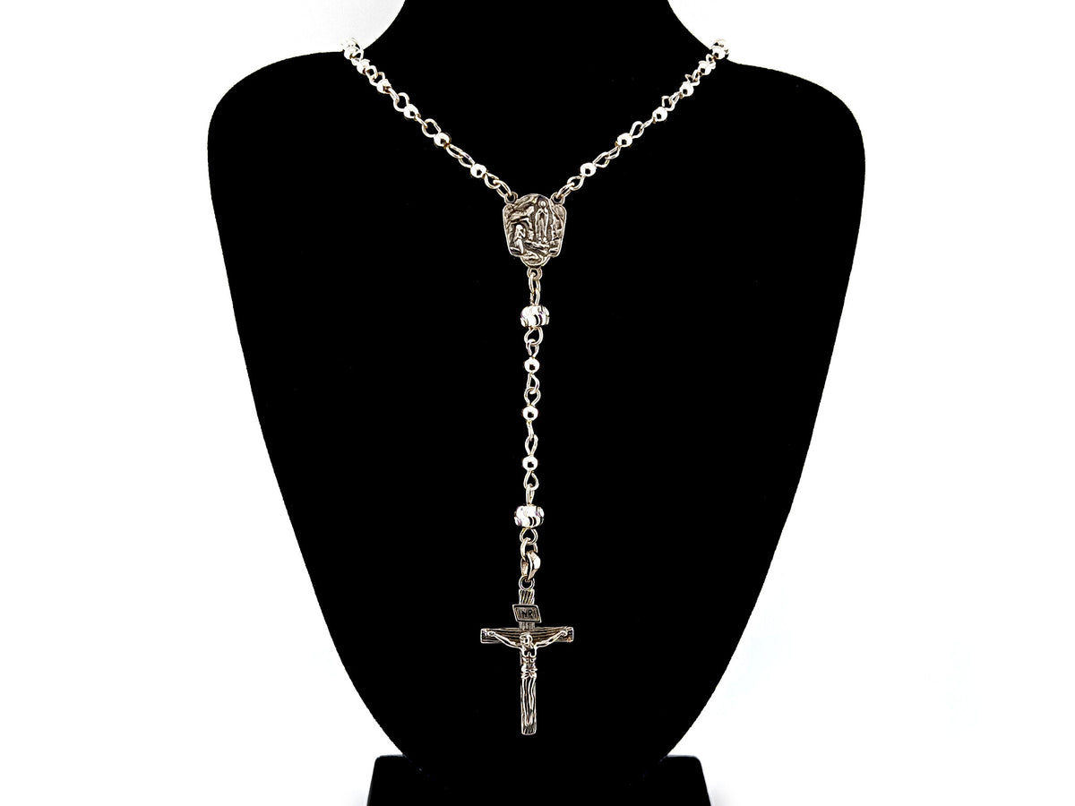 Saint Bernadette and Our lady of Lourdes 925 sterling silver unique rosary beads with bar style crucifix.