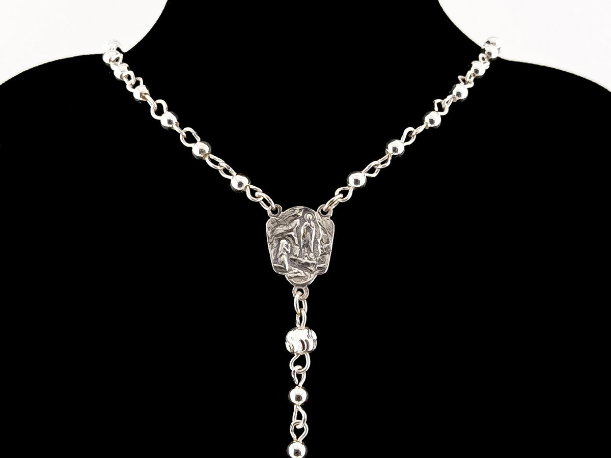 Saint Bernadette and Our lady of Lourdes 925 sterling silver unique rosary beads with bar style crucifix.