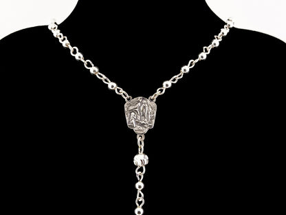 Saint Bernadette and Our lady of Lourdes 925 sterling silver unique rosary beads with bar style crucifix.
