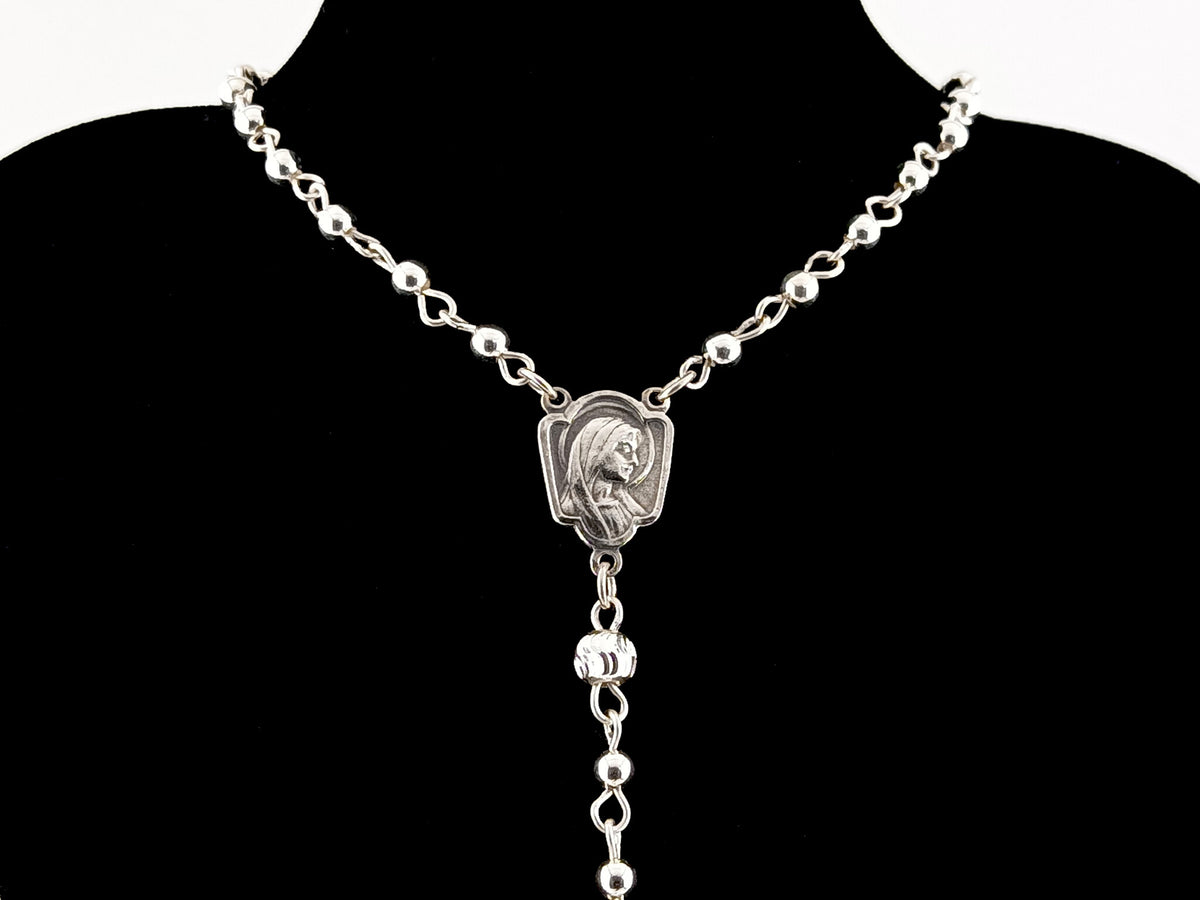 Saint Bernadette and Our lady of Lourdes 925 sterling silver unique rosary beads with bar style crucifix.