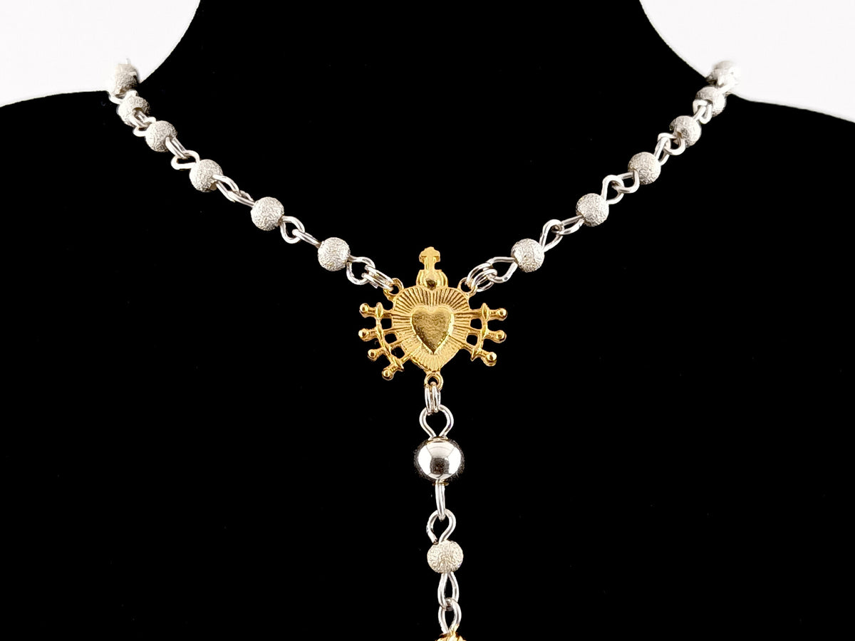 Our Lady of Sorrows 925 sterling silver and 24ct gold vermeil unique rosary beads necklace with filigree crucifix.