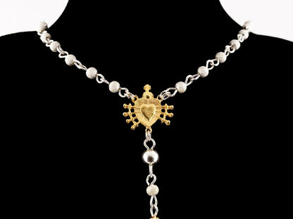 Our Lady of Sorrows 925 sterling silver and 24ct gold vermeil unique rosary beads necklace with filigree crucifix.