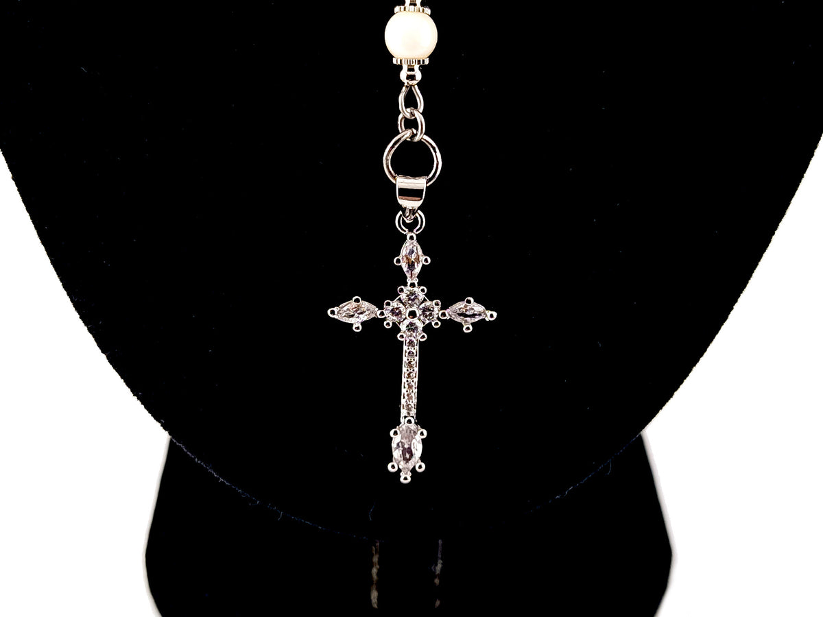 Our Lady of Fatima fresh water pearl unique rosary beads necklace with cubic zirconia cross.