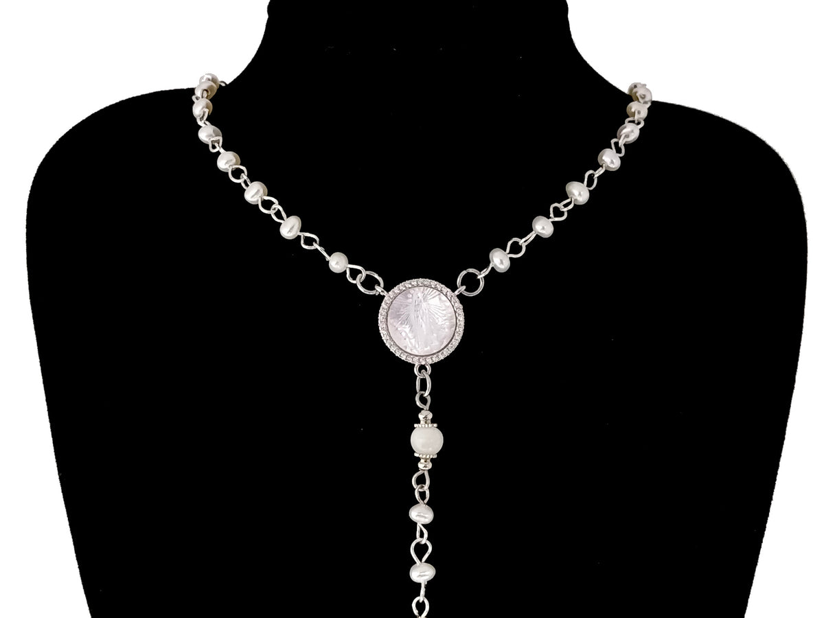 Our Lady of Fatima fresh water pearl unique rosary beads necklace with cubic zirconia cross.
