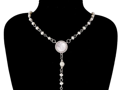 Our Lady of Fatima fresh water pearl unique rosary beads necklace with cubic zirconia cross.