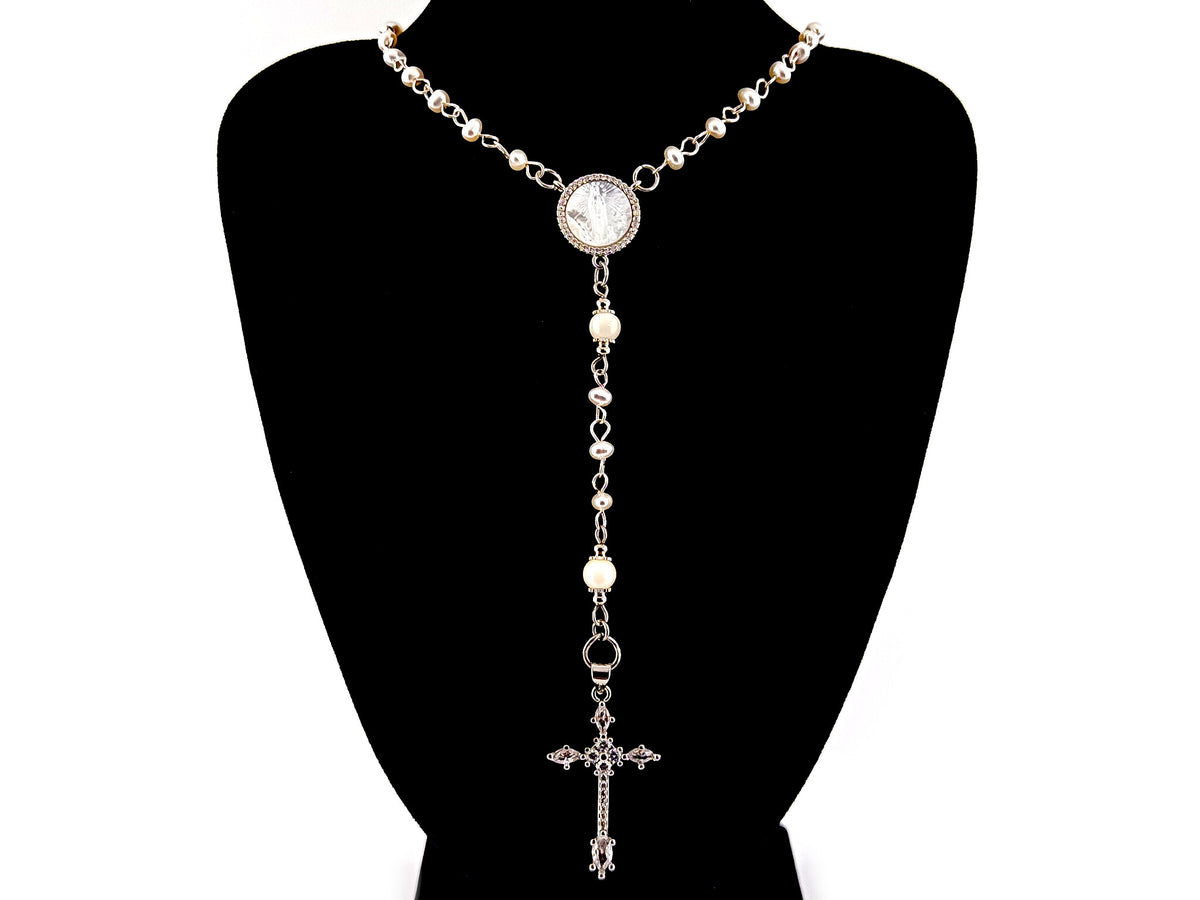 Our Lady of Fatima fresh water pearl unique rosary beads necklace with cubic zirconia cross.